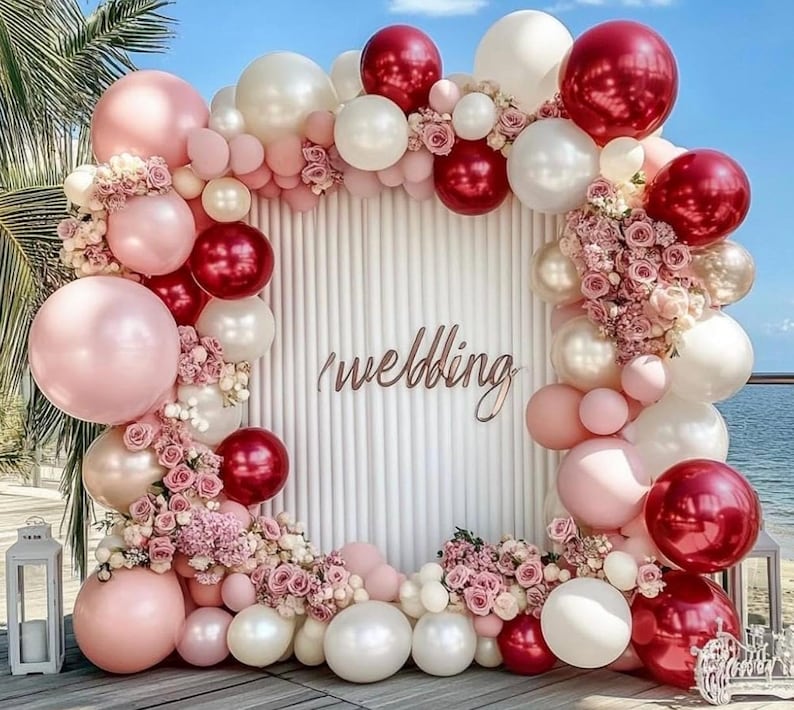 Red Pink White Balloons Double Stuffed Light Pink Balloon Garland White Burgundy Balloon Pearl Arch Kit Different Sizes For Wedding Bridal