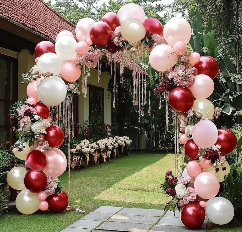 Red Pink White Balloons Double Stuffed Light Pink Balloon Garland White Burgundy Balloon Pearl Arch Kit Different Sizes For Wedding Bridal