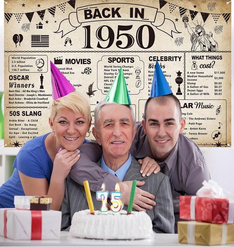 76th  Birthday Party Decorations, Vintage Back in 1950 Banner 76 Year Old Birthday Party Poster Supplies Vintage 1950 Backdrop Photography