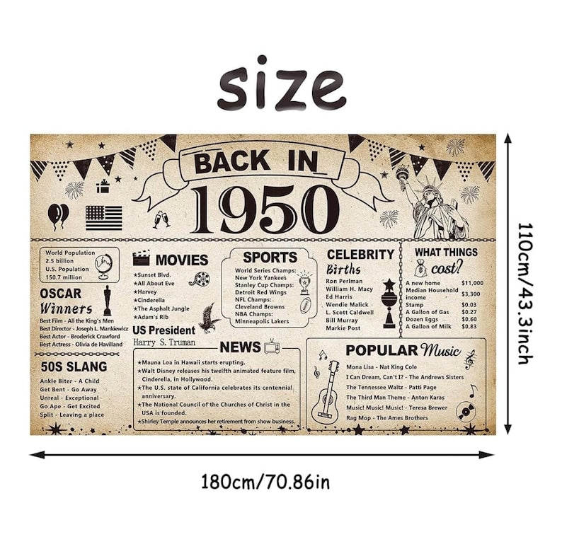 76th  Birthday Party Decorations, Vintage Back in 1950 Banner 76 Year Old Birthday Party Poster Supplies Vintage 1950 Backdrop Photography