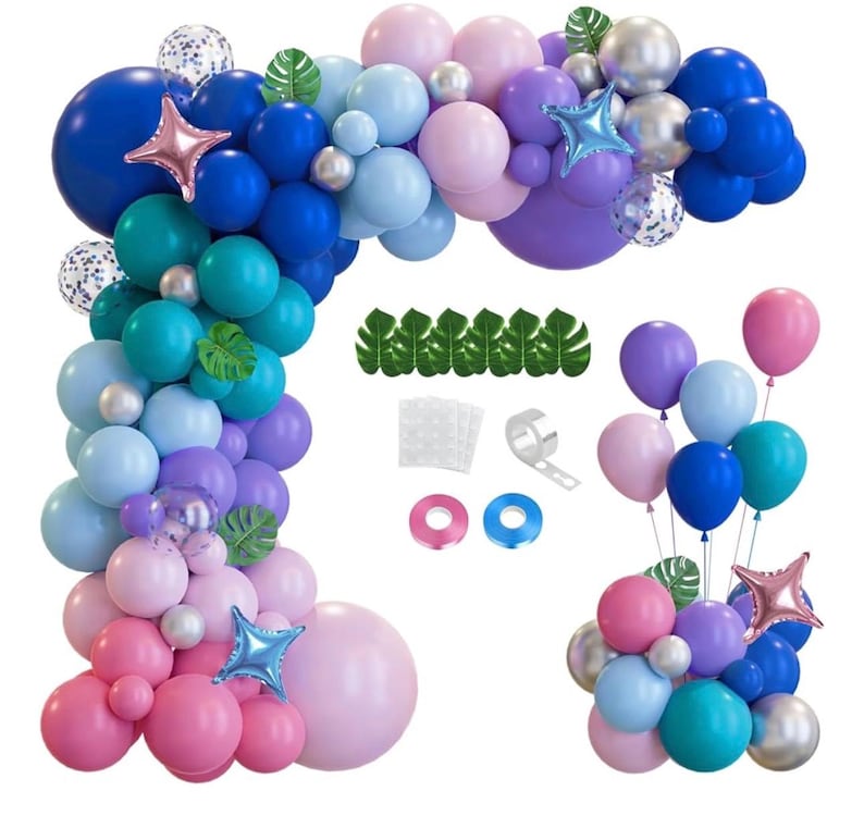 148pcs Stich Blue Purple Pink Balloon Arch Garland Kit Silver with Palm Leaves Foil Star for Hawaii Tropical Cartoon Summer Pool Theme Party