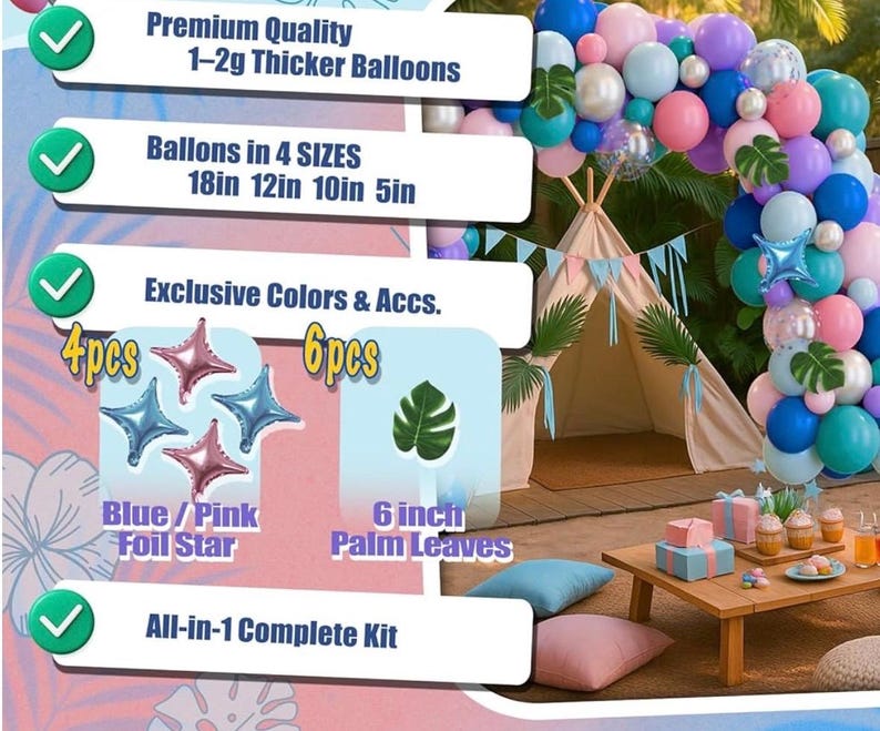 148pcs Stich Blue Purple Pink Balloon Arch Garland Kit Silver with Palm Leaves Foil Star for Hawaii Tropical Cartoon Summer Pool Theme Party