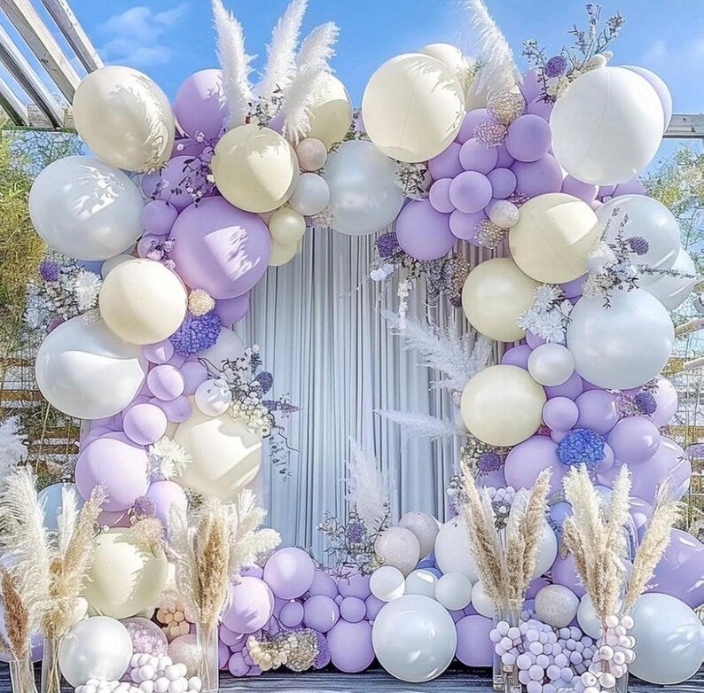 Pastel Purple White Balloon Garland - Double Stuffed Lavender Light Purple Cream Balloon Arch Kit Pearl Lilac White Ivory Color for Birthday