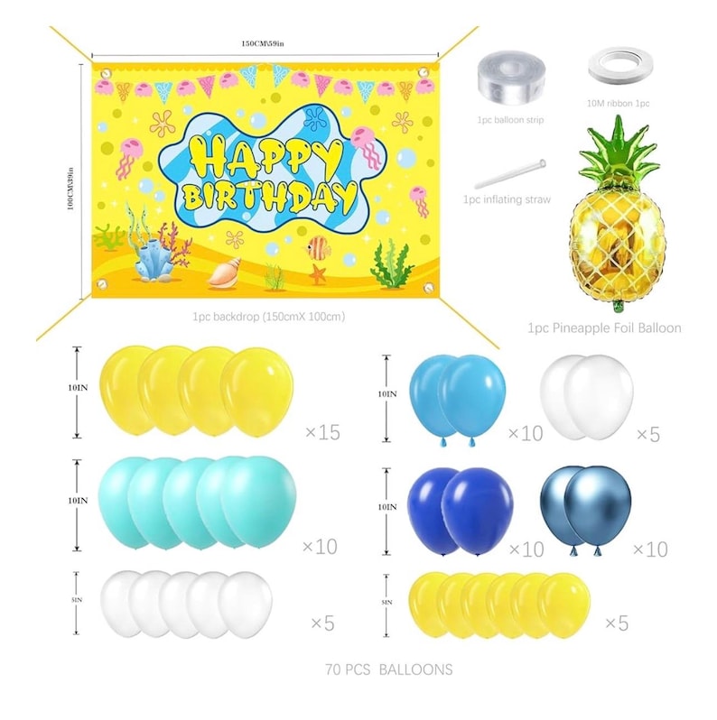 Cartoon Sponge Balloon Arch Kit-Blue Green Yellow Balloons Birthday Decorations For Boys Girl ,Party Decor Supplies,Happy Birthday Backdrop