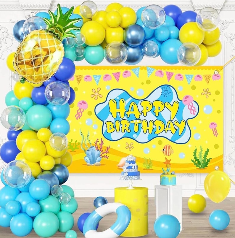 Cartoon Sponge Balloon Arch Kit-Blue Green Yellow Balloons Birthday Decorations For Boys Girl ,Party Decor Supplies,Happy Birthday Backdrop