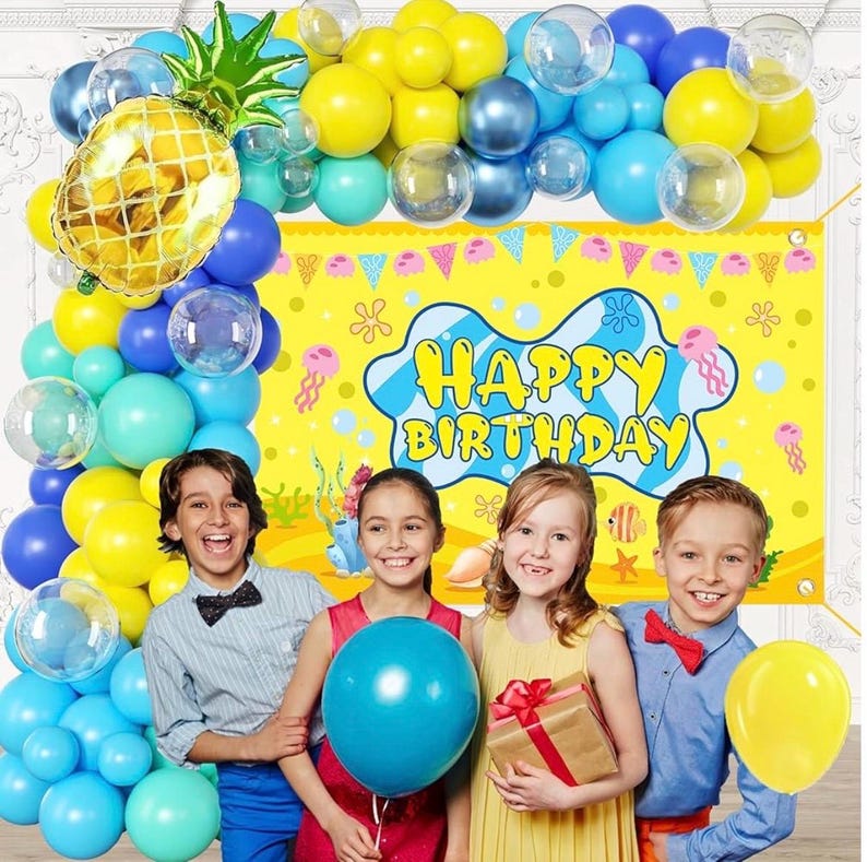 Cartoon Sponge Balloon Arch Kit-Blue Green Yellow Balloons Birthday Decorations For Boys Girl ,Party Decor Supplies,Happy Birthday Backdrop