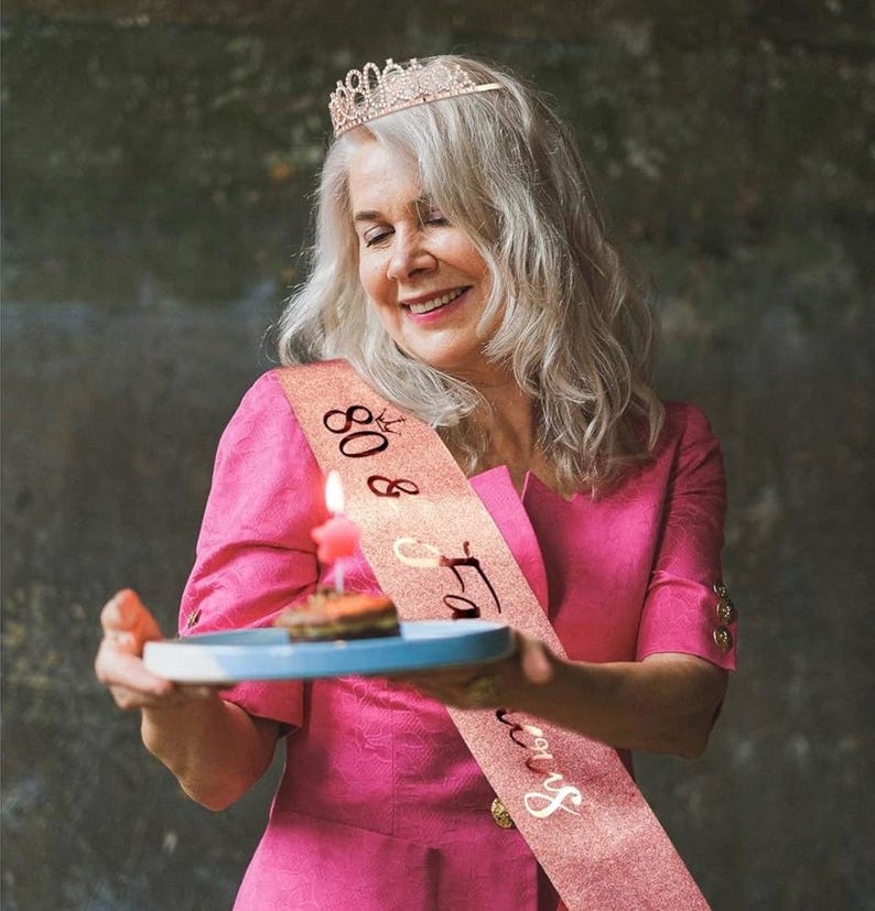 80th Birthday Crown + Sash + Pearl Pin Set, Elegant Gift for Women's 80th Birthday Party Decorations