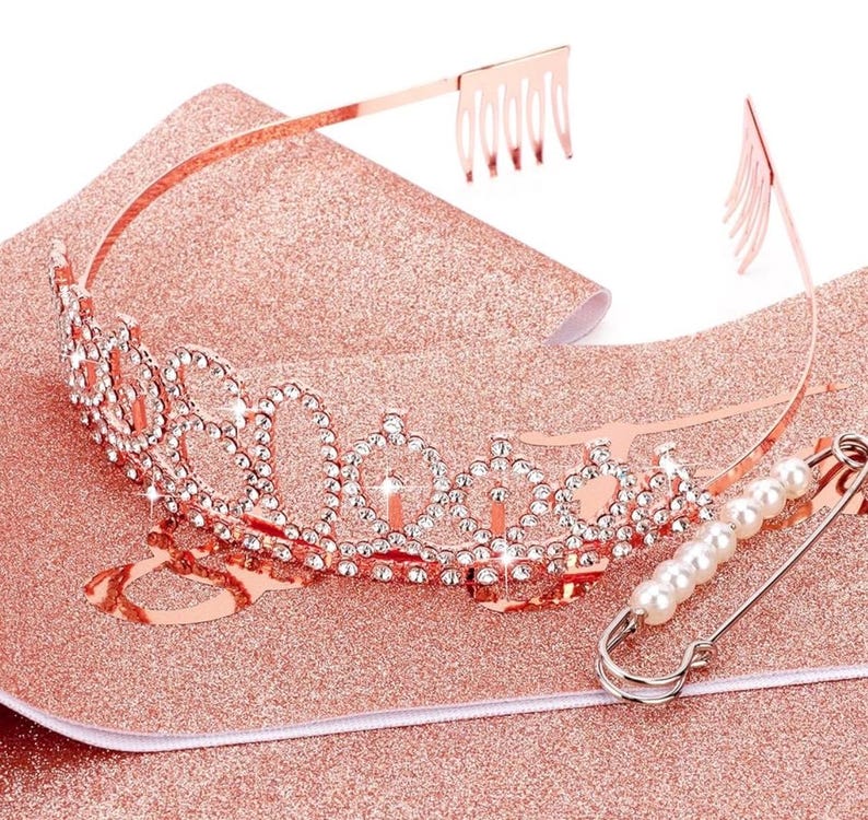 80th Birthday Crown + Sash + Pearl Pin Set, Elegant Gift for Women's 80th Birthday Party Decorations