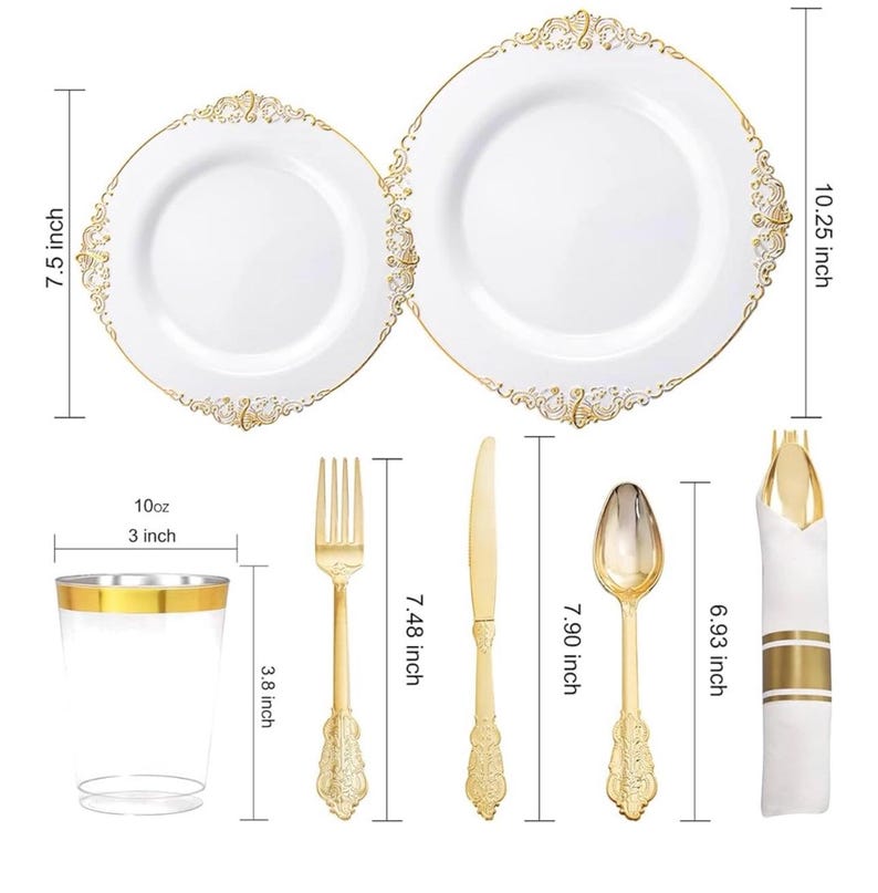 350PCS Gold Plastic Plates - Gold Plastic Dinnerware Sets for 50 Guests - 100 Disposable Plates,150 Silverware, 50 Cups, for Wedding & Party