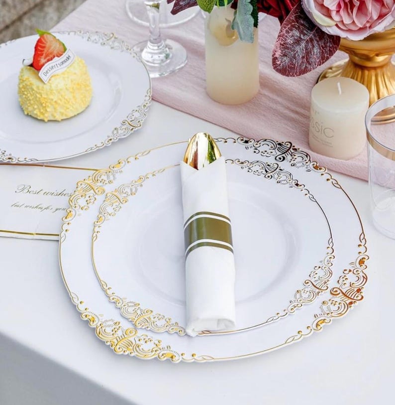 350PCS Gold Plastic Plates - Gold Plastic Dinnerware Sets for 50 Guests - 100 Disposable Plates,150 Silverware, 50 Cups, for Wedding & Party