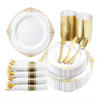 350PCS Gold Plastic Plates - Gold Plastic Dinnerware Sets for 50 Guests - 100 Disposable Plates,150 Silverware, 50 Cups, for Wedding & Party