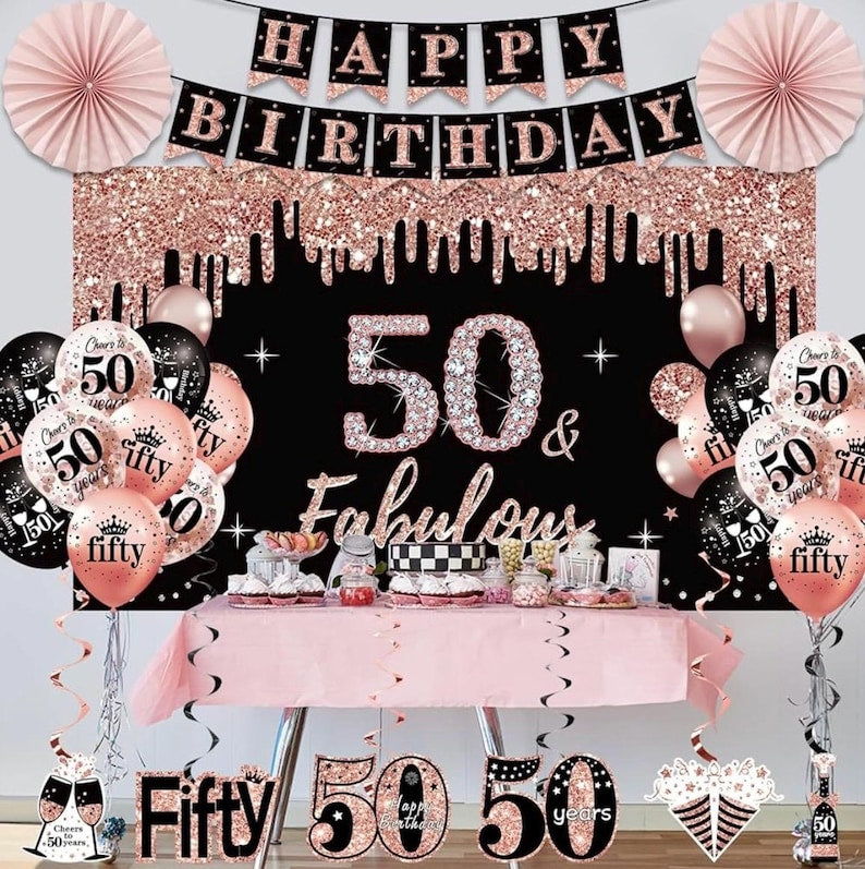 50th Birthday Decorations for Women,33pcs 50th Birthday Crown and Sash, Black Rose Gold Happy 50th Birthday Banner Balloons Backdrop Hanging