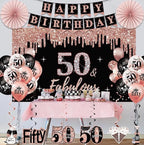 50th Birthday Decorations for Women,33pcs 50th Birthday Crown and Sash, Black Rose Gold Happy 50th Birthday Banner Balloons Backdrop Hanging