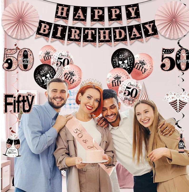 50th Birthday Decorations for Women,33pcs 50th Birthday Crown and Sash, Black Rose Gold Happy 50th Birthday Banner Balloons Backdrop Hanging