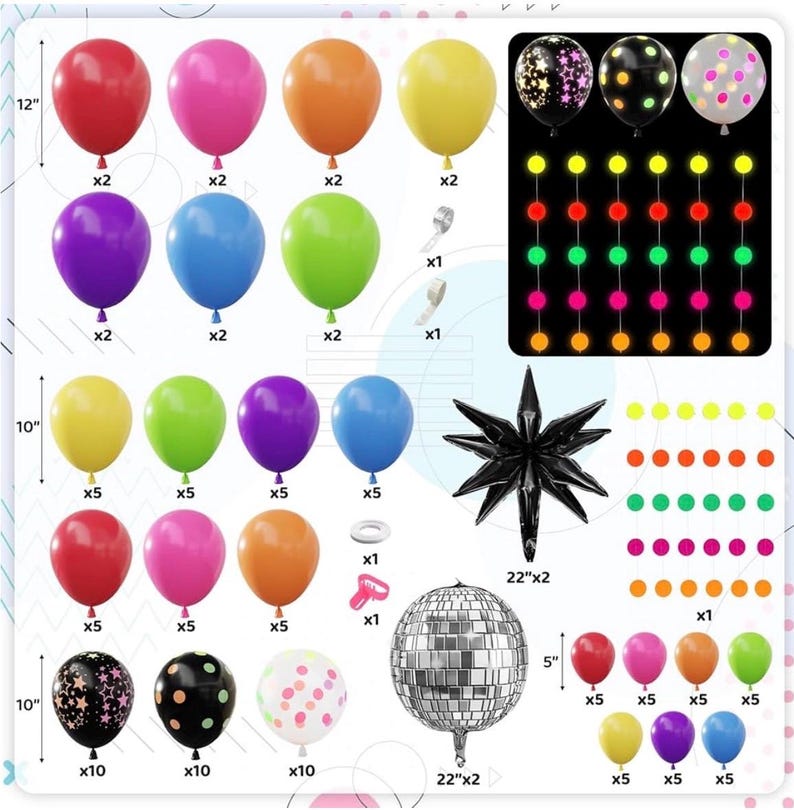 Glow in the Dark Party Decorations, 80S Disco Rainbow Balloon Arch Garland Kit with Foil Star UV Neon Luminous Fluorescent Balloons 9.8ft