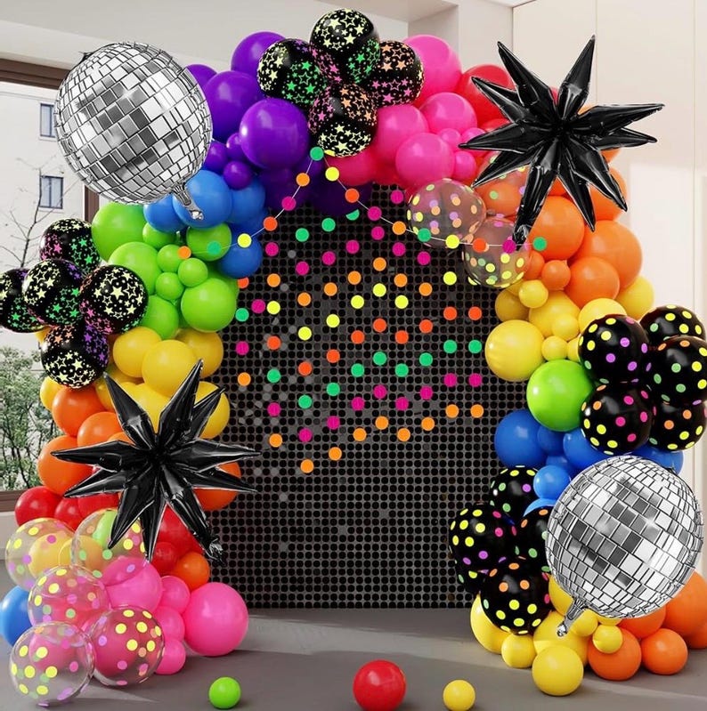 Glow in the Dark Party Decorations, 80S Disco Rainbow Balloon Arch Garland Kit with Foil Star UV Neon Luminous Fluorescent Balloons 9.8ft