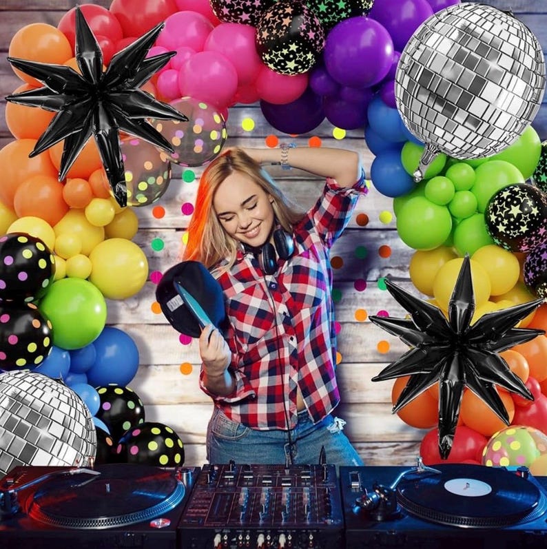 Glow in the Dark Party Decorations, 80S Disco Rainbow Balloon Arch Garland Kit with Foil Star UV Neon Luminous Fluorescent Balloons 9.8ft