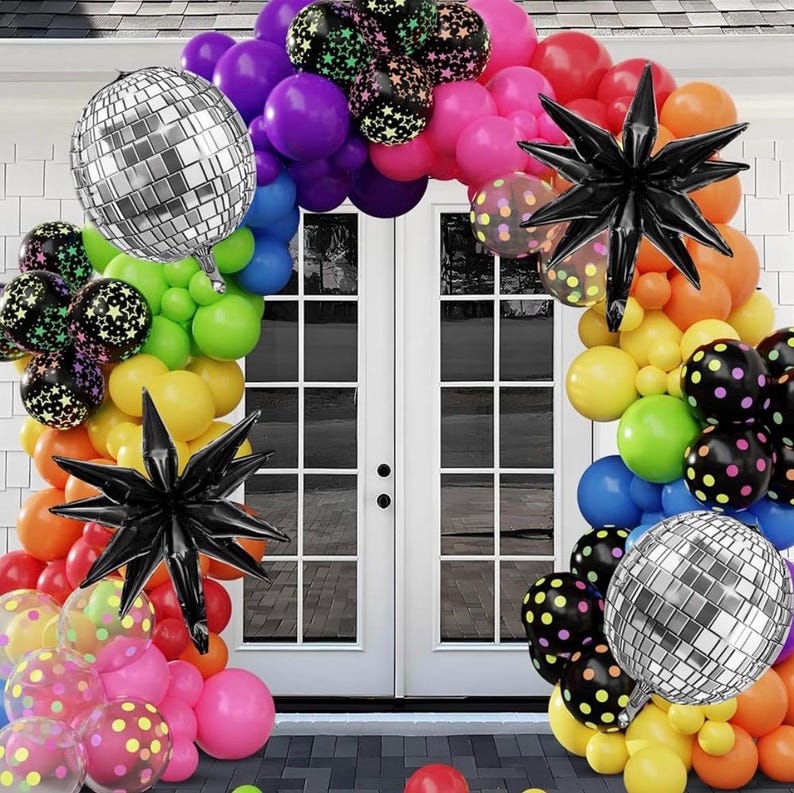 Glow in the Dark Party Decorations, 80S Disco Rainbow Balloon Arch Garland Kit with Foil Star UV Neon Luminous Fluorescent Balloons 9.8ft