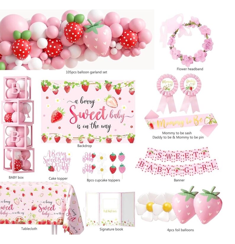 Strawberry Baby Shower Decorations, A Berry Sweet Baby Is On The Way Party Supplies, It's a Girl Gender Reveal, Backdrop Balloon Arch Boxes