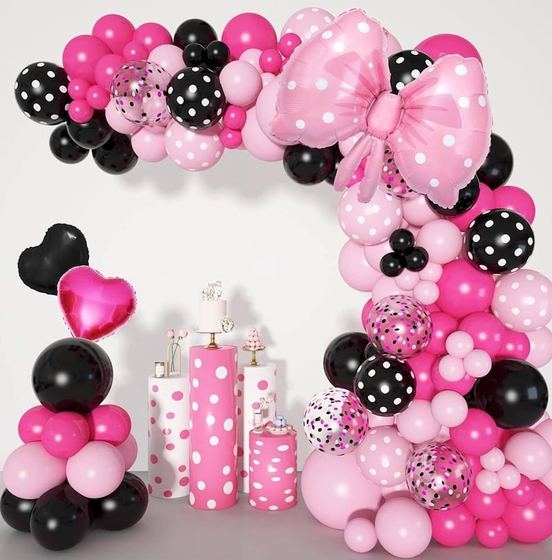 Pink Mouse Balloon Garland Arch Kit for Cartoon Mouse Theme Birthday Party Decorations Girl Kids, Pink Black Rose Red Bow Foil Balloons