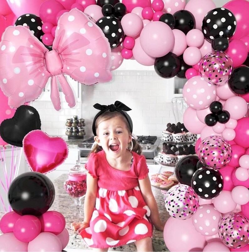Pink Mouse Balloon Garland Arch Kit for Cartoon Mouse Theme Birthday Party Decorations Girl Kids, Pink Black Rose Red Bow Foil Balloons
