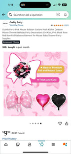 Pink Mouse Balloon Garland Arch Kit for Cartoon Mouse Theme Birthday Party Decorations Girl Kids, Pink Black Rose Red Bow Foil Balloons