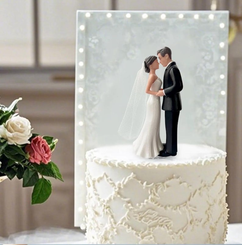 Elegant Bride & Groom Wedding Cake Plastic Topper with White Mesh Veil for Engagement Parties, Bridal Showers and Anniversaries