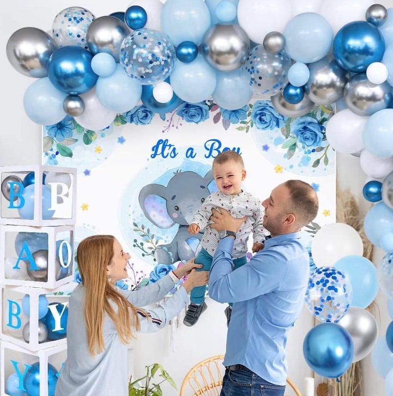 Elephant Baby Shower Decorations Boy, Blue Balloon Arch Kit with BABY Boxes, Backdrop, Tablecloth, 155pcs Party Set