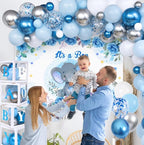 Elephant Baby Shower Decorations Boy, Blue Balloon Arch Kit with BABY Boxes, Backdrop, Tablecloth, 155pcs Party Set