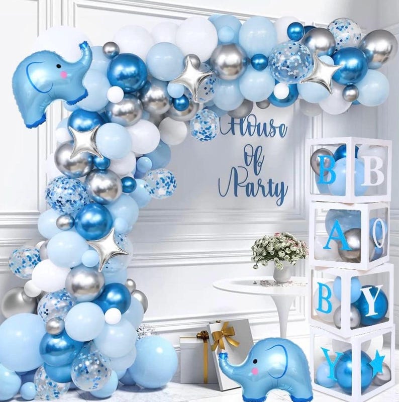 Elephant Baby Shower Decorations Boy, Blue Balloon Arch Kit with BABY Boxes, Backdrop, Tablecloth, 155pcs Party Set