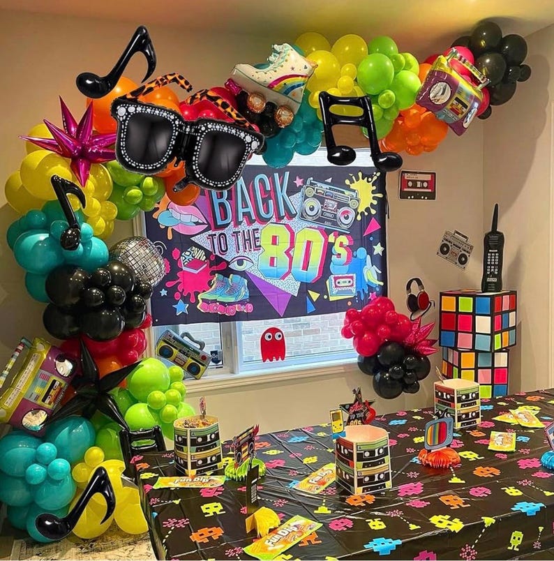 90s 80s Disco Theme Party Decorations, 171Pcs Balloon Arch Kit with Retro Disco Ball Radio Glasses Roller Skate Musical Note Chain Star