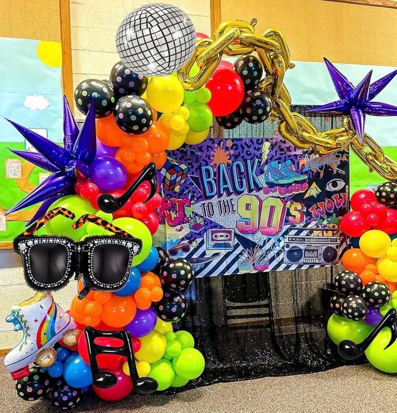 90s 80s Disco Theme Party Decorations, 171Pcs Balloon Arch Kit with Retro Disco Ball Radio Glasses Roller Skate Musical Note Chain Star