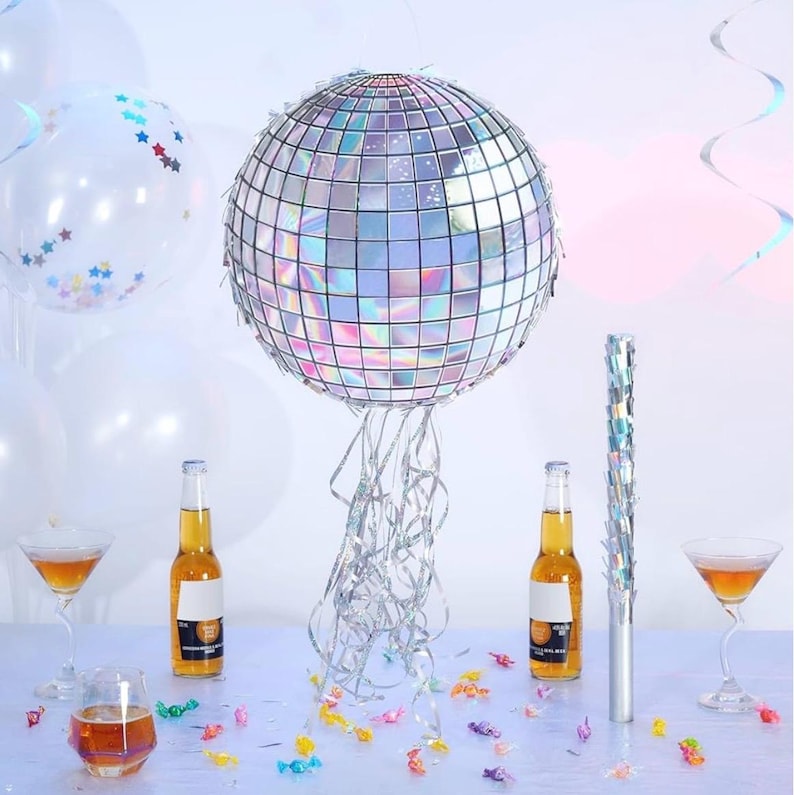 Disco Ball Piñata - Disco Party Decoration for Adult Birthday Party Supplies Hanging Disco Piñata with Bat Blindfold Mirror Roller Skating