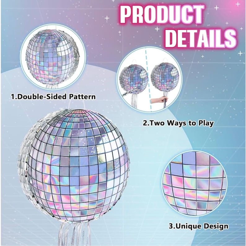 Disco Ball Piñata - Disco Party Decoration for Adult Birthday Party Supplies Hanging Disco Piñata with Bat Blindfold Mirror Roller Skating