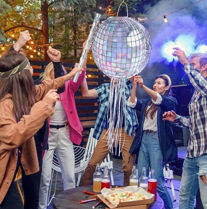 Disco Ball Piñata - Disco Party Decoration for Adult Birthday Party Supplies Hanging Disco Piñata with Bat Blindfold Mirror Roller Skating