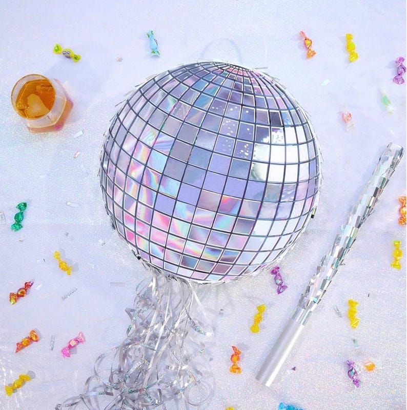 Disco Ball Piñata - Disco Party Decoration for Adult Birthday Party Supplies Hanging Disco Piñata with Bat Blindfold Mirror Roller Skating
