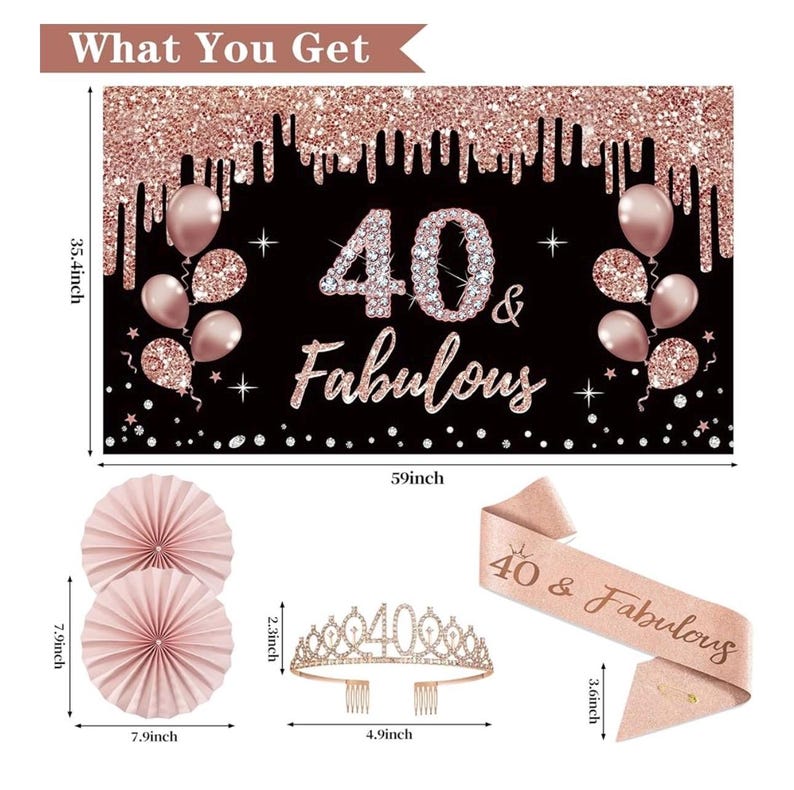 40th Birthday Decorations for Women, 33pcs Black Rose Gold Happy 40th Birthday Banner Crown and Sash Balloons Backdrop Hanging Swirls Paper