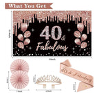 40th Birthday Decorations for Women, 33pcs Black Rose Gold Happy 40th Birthday Banner Crown and Sash Balloons Backdrop Hanging Swirls Paper