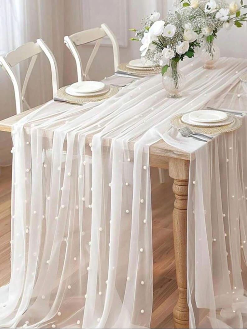 White Pearl Spring Summer Table Runner Boho Rustic Tulle Lace Mothers Day Table Runner for Baby Shower Wedding Arch Decor Veil Dessert Table