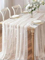 White Pearl Spring Summer Table Runner Boho Rustic Tulle Lace Mothers Day Table Runner for Baby Shower Wedding Arch Decor Veil Dessert Table