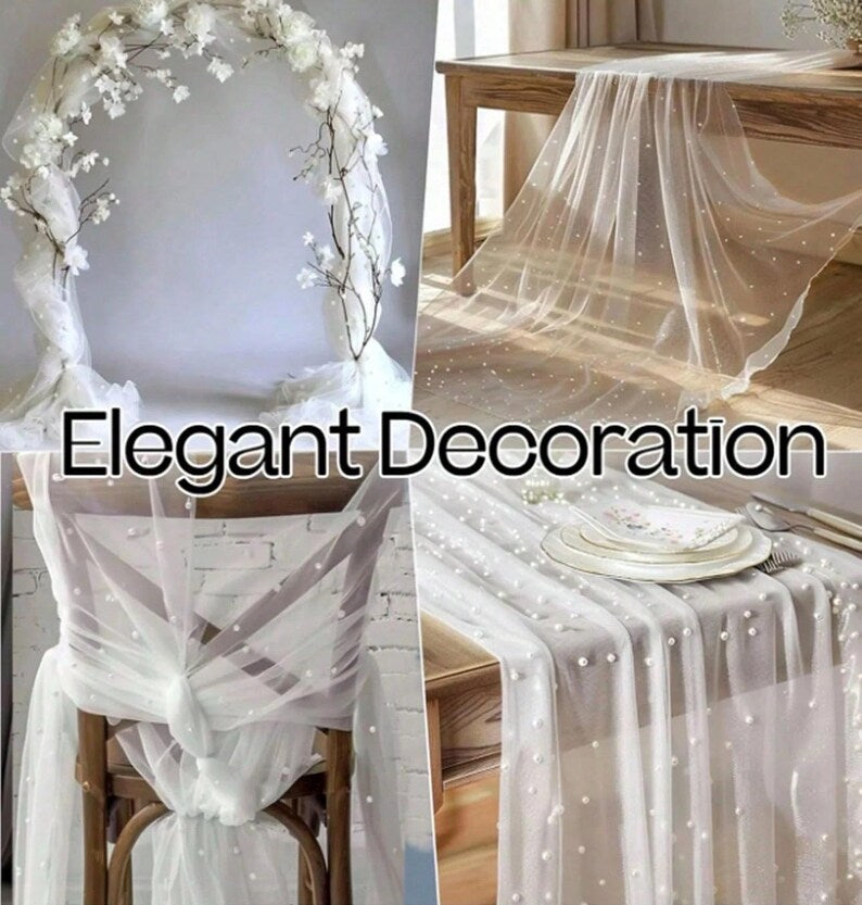 White Pearl Spring Summer Table Runner Boho Rustic Tulle Lace Mothers Day Table Runner for Baby Shower Wedding Arch Decor Veil Dessert Table