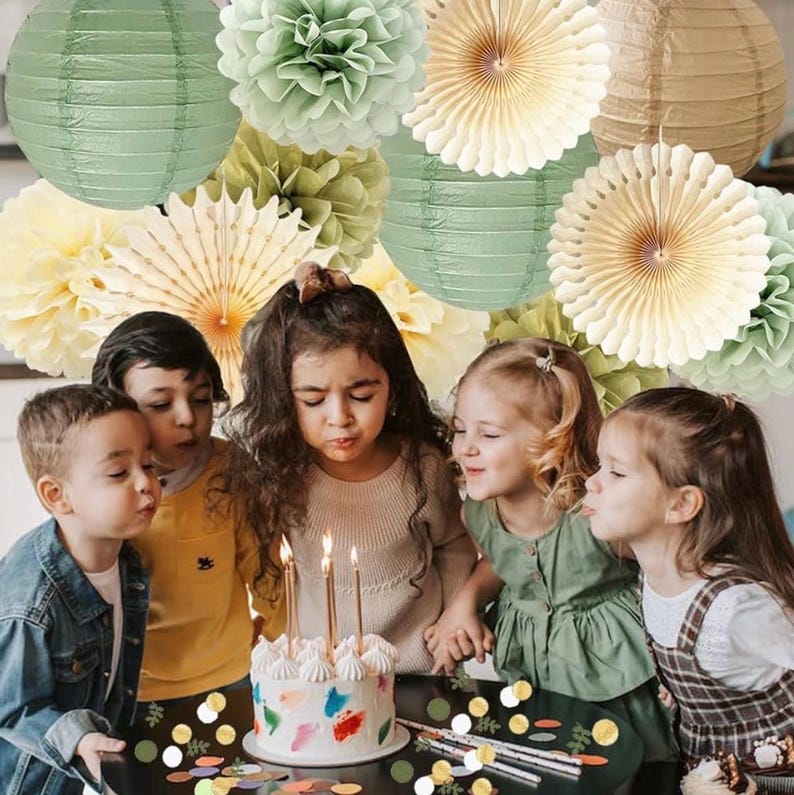 Sage Green Party Decorations Sage Gold Cream Tissue Paper Pom Poms Paper Lanterns Sage Green for Wedding Birthday Bridal Baby Shower Baptism