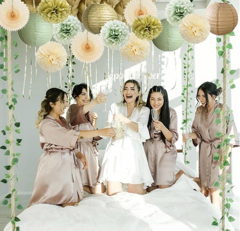 Sage Green Party Decorations Sage Gold Cream Tissue Paper Pom Poms Paper Lanterns Sage Green for Wedding Birthday Bridal Baby Shower Baptism