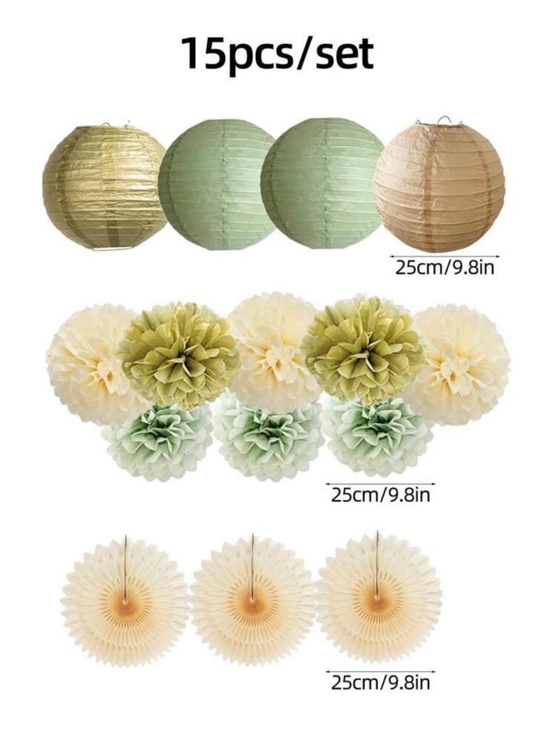 Sage Green Party Decorations Sage Gold Cream Tissue Paper Pom Poms Paper Lanterns Sage Green for Wedding Birthday Bridal Baby Shower Baptism