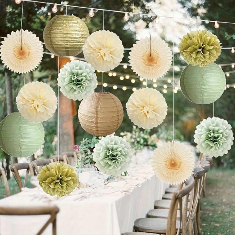 Sage Green Party Decorations Sage Gold Cream Tissue Paper Pom Poms Paper Lanterns Sage Green for Wedding Birthday Bridal Baby Shower Baptism