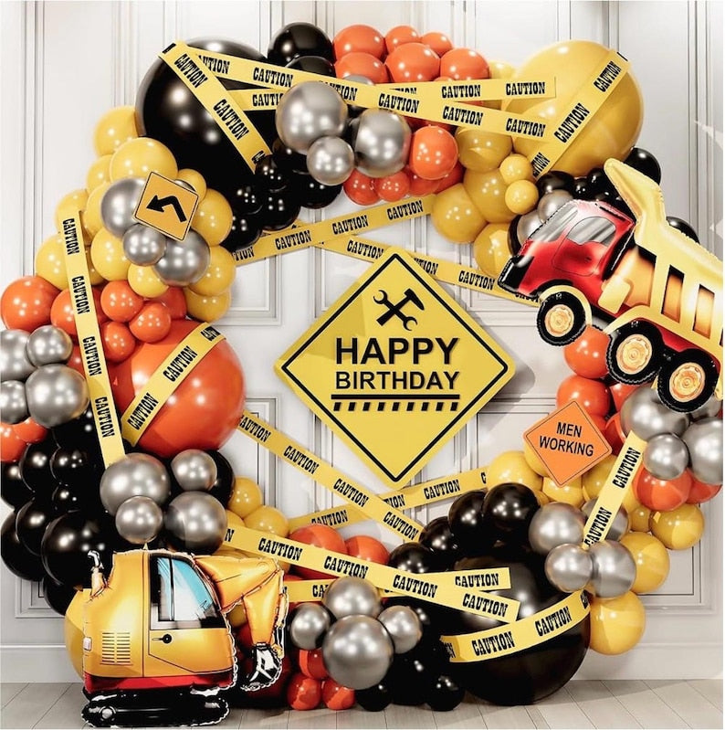 Construction Birthday Party Balloons with Digger Balloons, Cement  Truck Balloons Construction Background Garland Arch Kit with Tablecloth