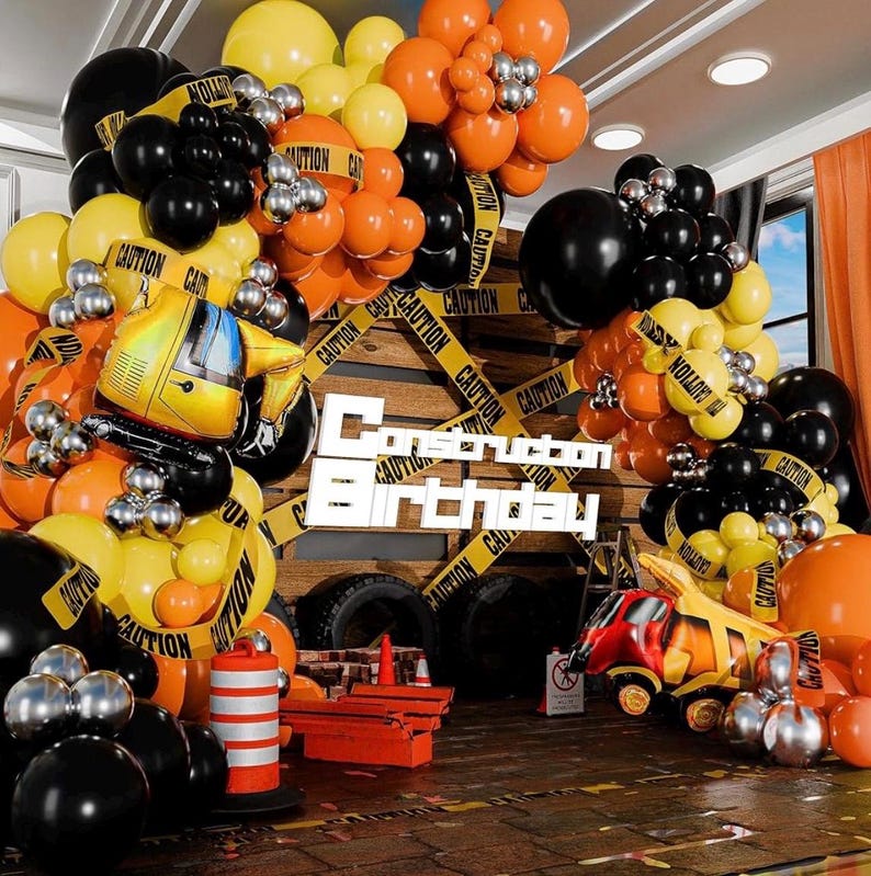 Construction Birthday Party Balloons with Digger Balloons, Cement  Truck Balloons Construction Background Garland Arch Kit with Tablecloth
