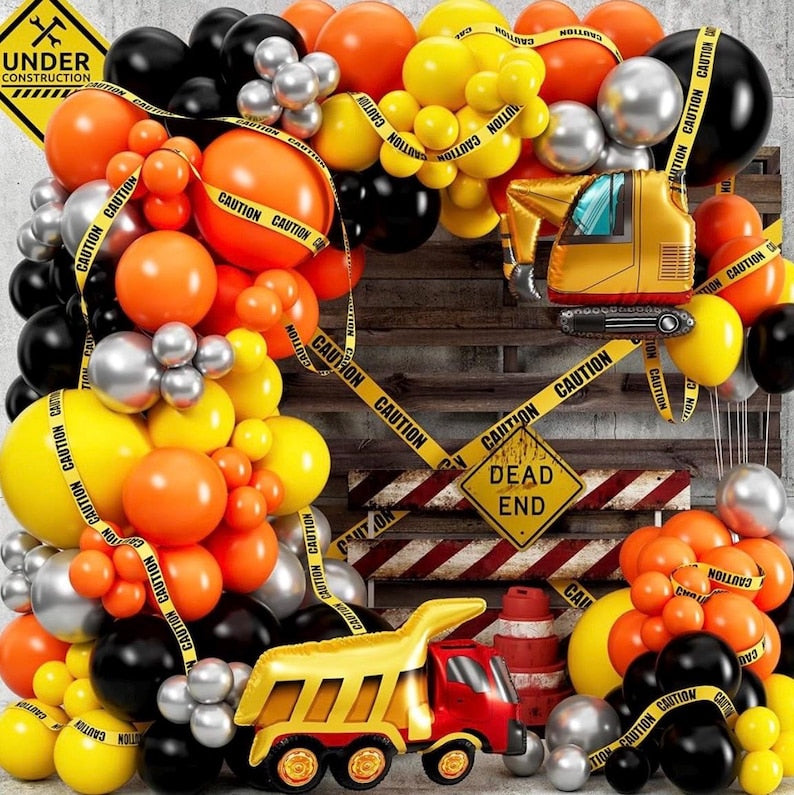 Construction Birthday Party Balloons with Digger Balloons, Cement  Truck Balloons Construction Background Garland Arch Kit with Tablecloth