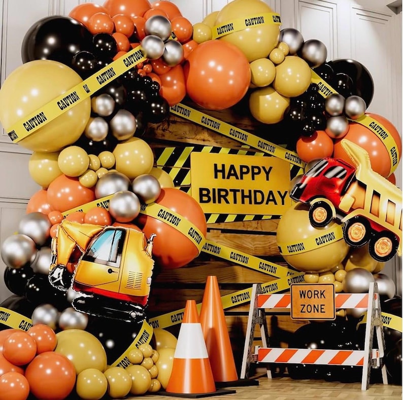 Construction Birthday Party Balloons with Digger Balloons, Cement  Truck Balloons Construction Background Garland Arch Kit with Tablecloth