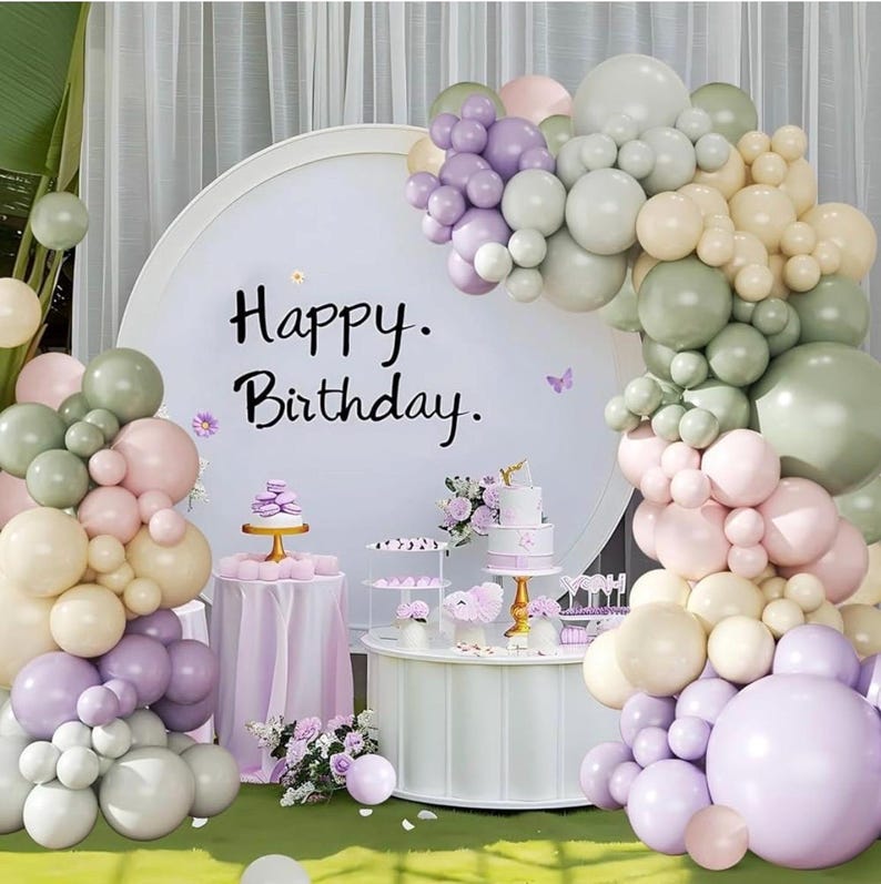 Dusty Green Purple Pastel Pink Balloon Arch Garland Kit 124Pcs Double Stuffed Light Green Sage Green Purple Yellow Macaron Pink Balloons